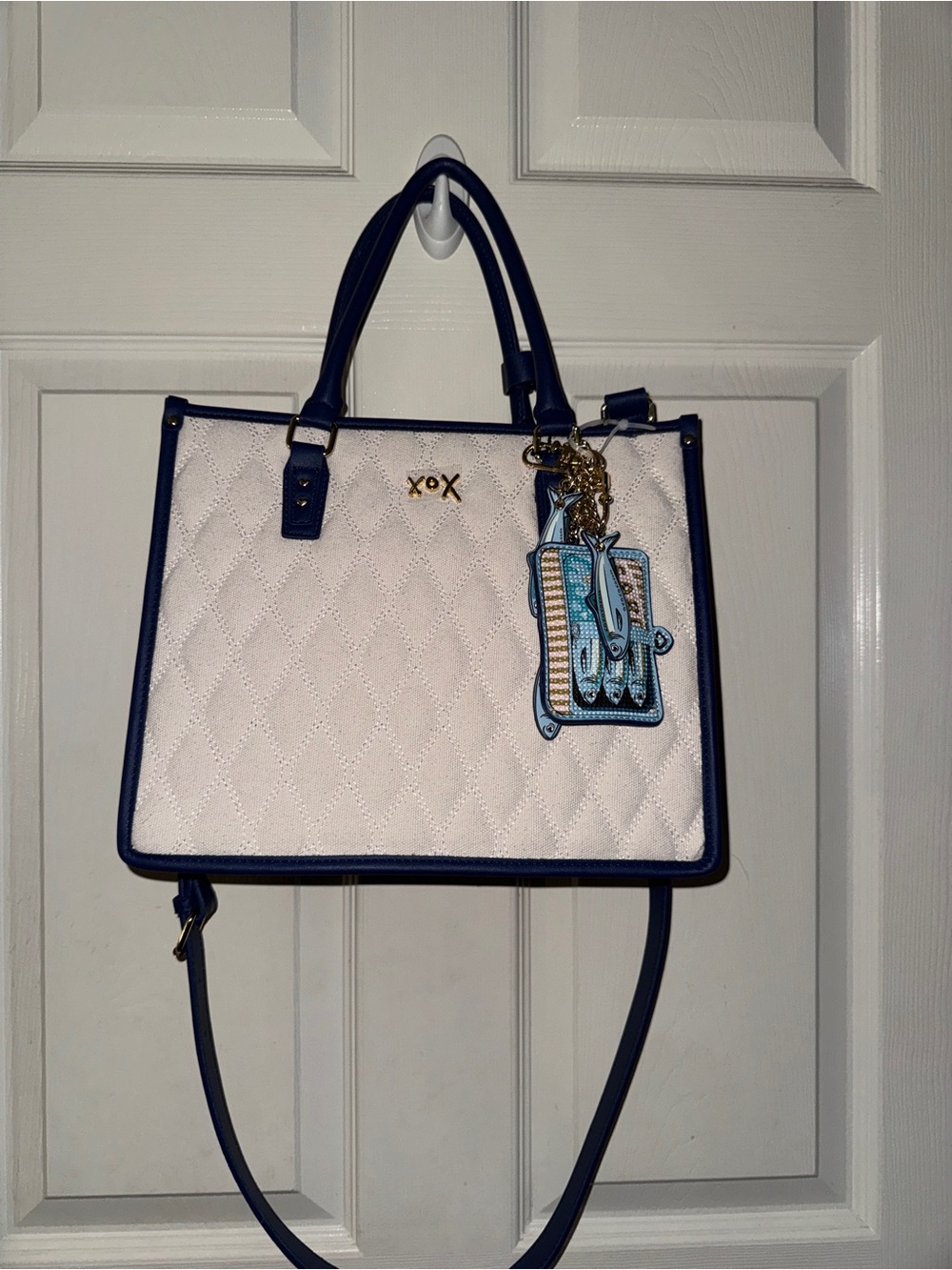 Betsey Johnson Tote Bag NWT Quilted Canvas Sailfish Charm Navy Blue Shoulder Bag